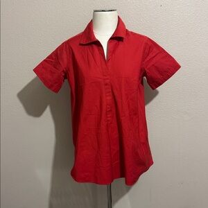 ANN MASHBURN Red Collared Short-Sleeve Popover Classic Tailored Top
